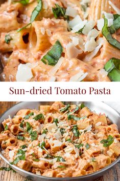 sun dried tomato pasta in a pan with basil and parmesan cheese on top