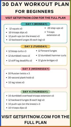 the 30 - day workout plan for beginners is shown in this graphic style, and includes