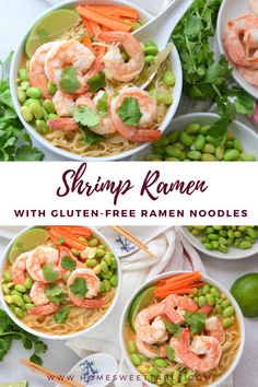 shrimp ramen with gluten - free ramen noodles and vegetables in bowls