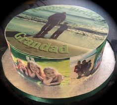 a cake decorated with pictures of people and the words grandad on it's side