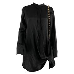 LOEWE oversized shirt dress comes in a black silk featuring a gold tone chain accent, long sleeves, collarless and a buttoned closure. New with Tags. Marked: 32 Measurements: Shoulder: 17 inches Bust: 44 inches Hip: 49 inches Sleeve: 23.5 inches Length: 40.5 inches Reference No.: 128200 Category: Dress More Details Brand: LOEWE Gender: Female Size: 0 Color: Black Color 2: Gold Fabric: Silk Pattern: Chain Style: Shirt dress Age Group: Adult Chain Shirt, Oversized Shirt Dress, Gold Silk, Gold Fabric, Oversized Shirt, Black Silk, Chain Styles, Day Dresses, Evening Dresses