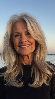 Medium Hair For Older Women Over 50, Farah Fawcett Hairstyle Modern, Medium Length Hair Styles For Seniors, Medium Length Long Bangs, Short Hair On Older Women, Long Heavy Hair Hairstyles, Long Blonde Hair Over 50, Blond Over 50, Hair For Seniors Older Women