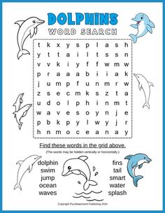 dolphin word search with dolphins in the background