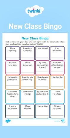 a new class bingo game with the words, new class bloo on it