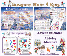 the adventure hunt 4 kids's activity calendar is shown with pictures and words on it