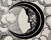 a drawing of a man's face with clouds around him and the moon above it