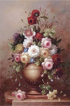 a painting of flowers in a vase on a table