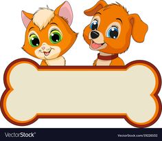 two cute kitten and dog cartoon holding a blank sign with space for your text or image