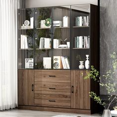 a wooden cabinet with glass doors and shelves filled with books, vases and other items