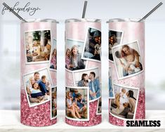 three canisters with pictures on them, one is pink and the other is white