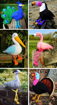 four different stuffed birds sitting on top of a wooden fence