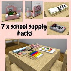 several school supply hacks are arranged on a table