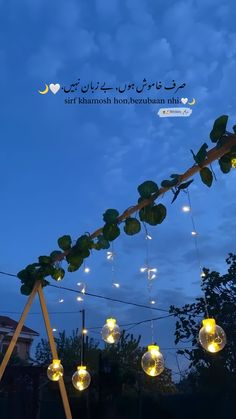 some lights hanging from the side of a wooden pole with string lights attached to it