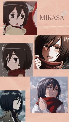 four anime characters with different expressions on their faces and the words mikasa above them