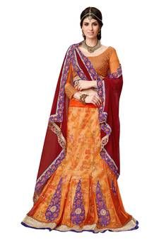 Lehenga-sarees at Mirraw A Line Lehenga, Bollywood Sarees Online, Orange Lehenga