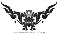 an ornate black and white tattoo design with large wings on the back of its head