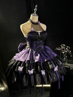 Black and Purple Butterfly Princess Dress Halter Neck Jumper Skirt Purple Butterfly Outfit, Black And Purple Dresses, Black And Purple Prom Dress, Purple And Black Outfits, Purple Aesthetic Outfit, Butterfly Princess Dress, Purple Butterfly Dress, Dark Purple Prom Dress, Purple Outfit Ideas