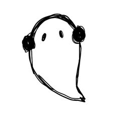 a black and white drawing of a ghost with headphones on it's ears