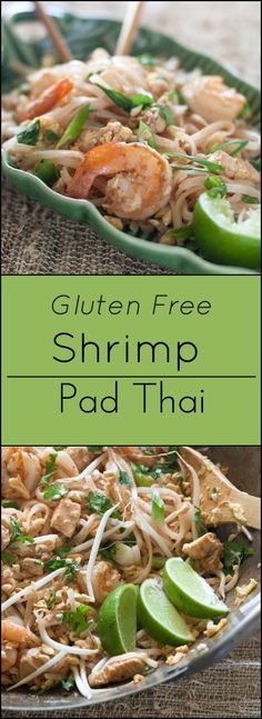 shrimp pad thai noodle salad with limes on the side and text overlay reading gluten free shrimp pad thai