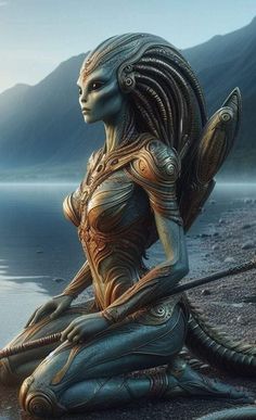 an alien woman sitting on the ground next to a body of water