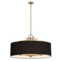 a chandelier hanging from the ceiling with a black shade on it and gold accents