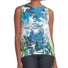 Women's sleeveless tank with vivid edge-to-edge sublimation print on front. Spliced materials for comfort. Front panel made from silky chiffon and solid color black or white jersey back. Sizes available XS- 2XL. Spring Blue Graphic Print Tank Top, Blue Graphic Print Tank Top For Spring, Blue Printed Sleeveless Top, Multicolor Sleeveless Top For Spring, Multicolor Sleeveless Top With Graphic Print, Summer Sublimation Print Sleeveless Tank Top, Sleeveless Sublimation Print Tank Top For Summer, Sleeveless Tops With Sublimation Print For Summer, Summer Sleeveless Tank Top With Sublimation Print