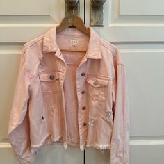 Pol Pink Distressed Oversized Denim Jacket. Never Worn. Size Medium - Chic Spring Denim Jacket With Frayed Hem, Ripped Cotton Outerwear For Summer, Trendy Ripped Outerwear With Relaxed Fit, Trendy Ripped Relaxed Fit Outerwear, Summer Pink Long Sleeve Denim Jacket, Oversized Distressed Summer Outerwear, Distressed Cotton Outerwear For Day Out, Spring Denim Jacket With Frayed Hem For Day Out, Trendy Summer Outerwear With Frayed Hem