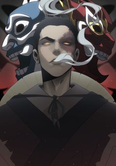 an anime character with two masks on his head, and another demon in the background