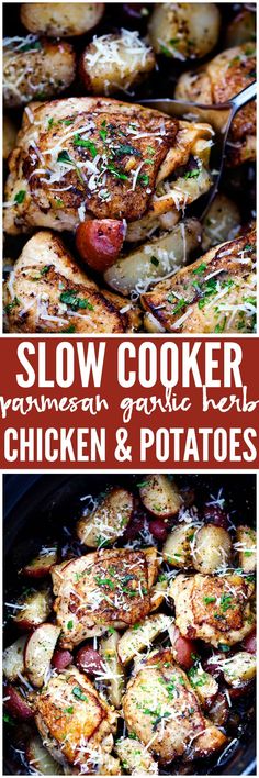 slow cooker chicken and potatoes with text overlay