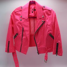 Pink Motorcycle Jacket 90's Zinka Bright Pink Size S New Never Used Trendy Pink Spring Biker Jacket, Trendy Pink Biker Jacket For Spring, Casual Pink Biker Jacket For Fall, Pink Cropped Jacket For Spring Workwear, Spring Pink Cropped Jacket For Work, Spring Fitted Biker Jacket With Pockets, Fitted Biker Jacket With Pockets For Spring, Pink Fitted Casual Cropped Jacket, Pink Fitted Cropped Jacket, Casual Style