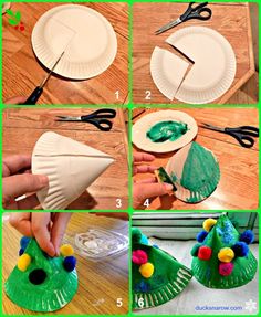 the steps to make a paper plate christmas tree