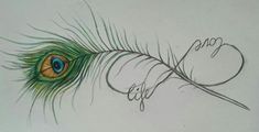 a drawing of a peacock feather with the word love written on it's side