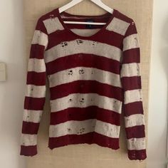 Beautiful Piece By The Japanese Master Maison Mihara Yasuhiro Features Scoop Neck, Horizontal Thick Burgundy Stripes, Distressed Signature Holes Throughout And Raw Frayed Seams, Very Punk, Grunge And Destroy Vivienne Westwood Feeling. Size Small Runs Smaller And Meant To Be Tight And Layered Underneath , Narrow Sleeves Wool Shoulder 16” Length 26” Sleeves 25” Chest 19” Bottom 18” Japan. Needles. Wackomaria. 45rpm. Kapital. Sacai. Undercover. Junyawatanabe. Punk. Grunge. Destroy. Grunge Sweater, Maison Mihara Yasuhiro, Maison Mihara, Punk Grunge, Original Characters, Fashion Mood Board, Fashion Lookbook, Vivienne Westwood, Colorful Sweaters