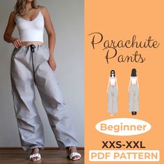 a woman in white top and grey pants standing next to an orange background with the words parachute pants beginner xxs - xxl