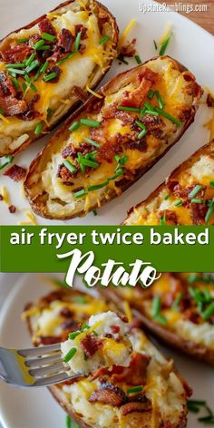 baked potato halves with bacon, cheese and green onions on top are served with a fork