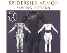 the spider silk armor sewing pattern is shown in three different colors and sizes, including white