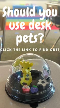 a glass bowl with a small toy in it and the words should you use desk pets? click the link to find out