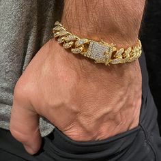 Men's flooded out cuban link bracelet 18k yellow gold plated over brass metal. Iced with high quality AAAA CZ stones. Measures 8" inches x 12 mm wide. Has some weight to it at 50 grams. Enjoy 100% free shipping. Order now!