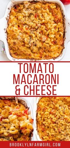 tomato macaroni and cheese casserole in a white dish with tomatoes on the side