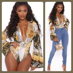 Fashion Nova Kesha Bell Sleeve Bodysuit In - Olive Combo Womens Size Small Brand New With Tag Sexy Plunge Neckline Long, Bell Sleeves Smooth Stretch Microfiber Polyester, Spandex Bundle For Discounts Printed Long Sleeve Bodysuit For Parties, Fitted V-neck Floral Print Bodysuit, Fitted V-neck Printed Bodysuit, Printed Fitted V-neck Bodysuit, Fitted Printed V-neck Bodysuit, Spring Glamorous Club Bodysuit, Glamorous Club Bodysuit For Spring, Glamorous Spring Bodysuit For Club, Chic Floral Print Party Swimwear