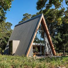 a triangular shaped house in the woods