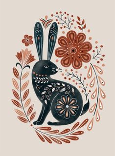 an illustration of a black rabbit surrounded by flowers and leaves on a beige background with orange accents