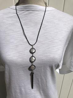 "Tassel Necklace. Sparkling CZ paved Natural Coin Pearl edge. Coin pearls are approximately 1,5 mm in diameter.  Natural Black Hematite Beads Chain Length approx 26\". Tassel length 2.5 - 3\"    uniquely designed, handcrafted eye-catching necklace. Elegant and casual in the same time.  Appropriate for any occasion.  great gift for jewelry loving women." Pearl Necklace Long, Long Pearl Necklaces, Necklace Elegant, Beads Chain, Coin Pearls, Necklace Unique, Hematite Beads, Wedding Jewellery Necklace, Necklace Long