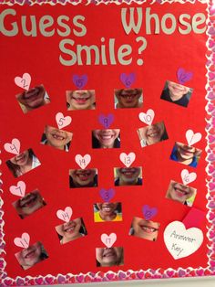 a bulletin board with pictures of people's faces and hearts on it that says guess whose smile?