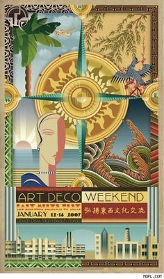 an art deco weekend poster with buildings and palm trees