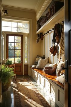 the sun shines through the windows in this entryway