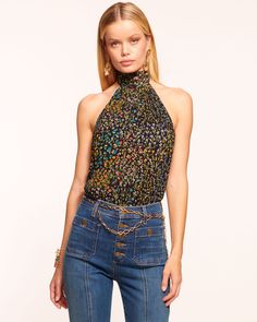 Floral Print Halter Neck Top For Party, Glamorous Halter Neck Top For Spring, Fitted Floral Print Halter Top, Fitted Floral Print Halter Neck Top, Chic Fitted Floral Halter Top, Glamorous Fitted Halter Top For Spring, Spring Multicolor Halter Top For Party, Chic Multicolor Halter Top For Spring, Summer Floral Print Halter Top For Party