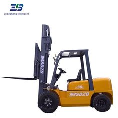 the forklift is parked in front of a white background with an advertisement on it