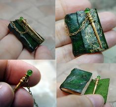 four pictures of green and gold jewelry items in various stages of being held by someone's hand