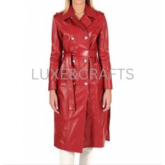 Women's Red Solid Casual Double Breasted Leather Trench Coat / Long Coat with Petite Belt, Women's Red Leather Long Coat - from Luxe & Crafts. Material Type : 100% Genuine Lambskin Leather. Collar : Shirt Style Collar. Length : Below the Knee Length. Closure Type : Button Closure along with Outer Waist Belt Closure. Number of Pockets : 2 Side Pockets. Color : Red  Lining Material : 100% Premium Lining / Viscose Lining. Care Instructions : Professional Leather Clean Only. Package Contains : 1 Lea Luxury Red Double-breasted Outerwear, Designer Red Leather Outerwear, Red Leather Outerwear For Work, Red Leather Long Coat, Long Leather Coat, Leather Trench, Leather Trench Coat, Leather Cleaning, Leather Collar